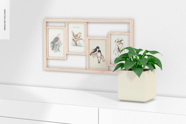 PSD horizontal multiple photo frame with plants mockup