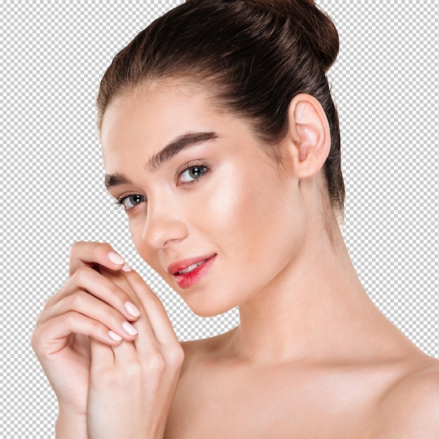 Horizontal portrait of beautiful young woman having fresh skin posing with hands together