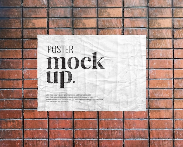 Horizontal poster mockup on brick wall realistic rendering