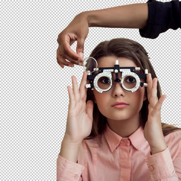 horizontal shot of interested and curious caucasian girl on appointment with eye care specialist wearing phoropter while ophthalmologist checking her vision sitting over yellow wall