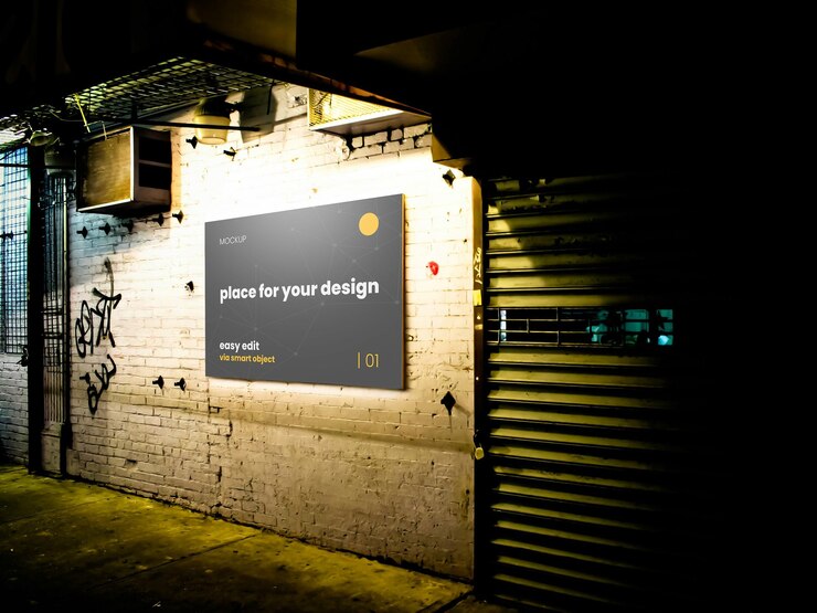 PSD horizontal sign on spot light outside store mockup
