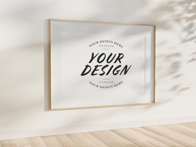 Horizontal wood frame hanging on wall Mockup