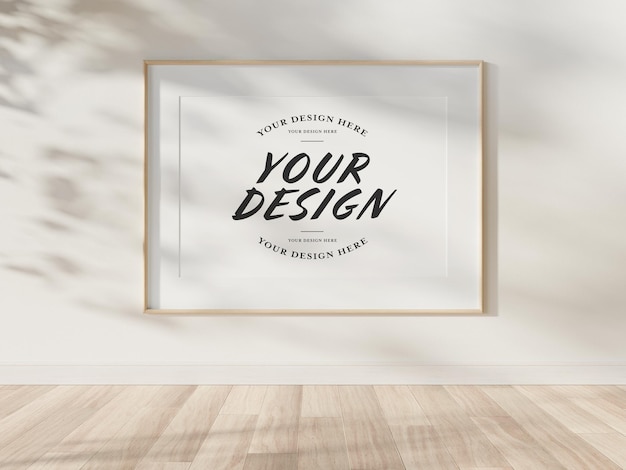 Horizontal wood frame hanging on wall mockup