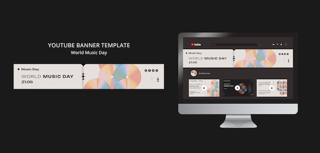 PSD ワールドミュージックデーのお祝いの水平youtubeバナーテンプレート