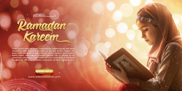 Horizontale banner sjabloon voor ramadan met een meisje dat de koran leest social media banner