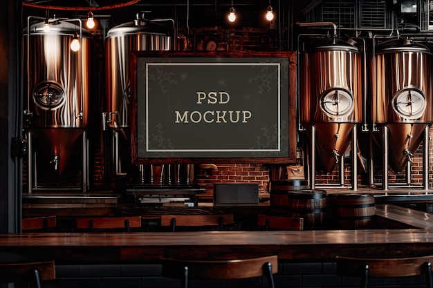 PSD horizontale frame mock-up in het donkere interieur van een brouwerijbar