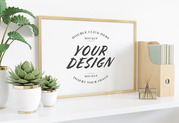 Horizontale gouden frame opleggen plank Mockup