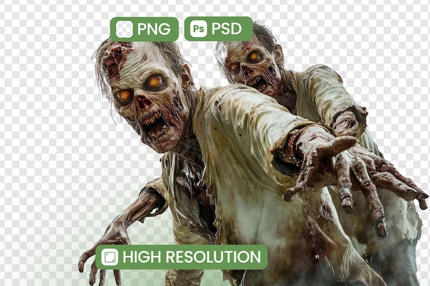 Horrifying HighResolution Zombie Duo PNG PSD Downloads Undead Creatures Reaching Out with Decaying Flesh and Glowing Eyes a Spooky Halloween Graphic Resource
