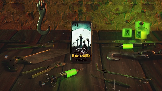 PSD horror halloween arrangement with smartphone