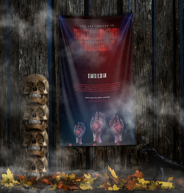 Horror night halloween poster with pile of skulls