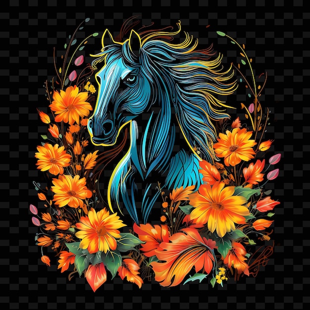 PSD horse meadow harmony swooping neon lines sunflowers mane on png y2k shapes transparent light arts