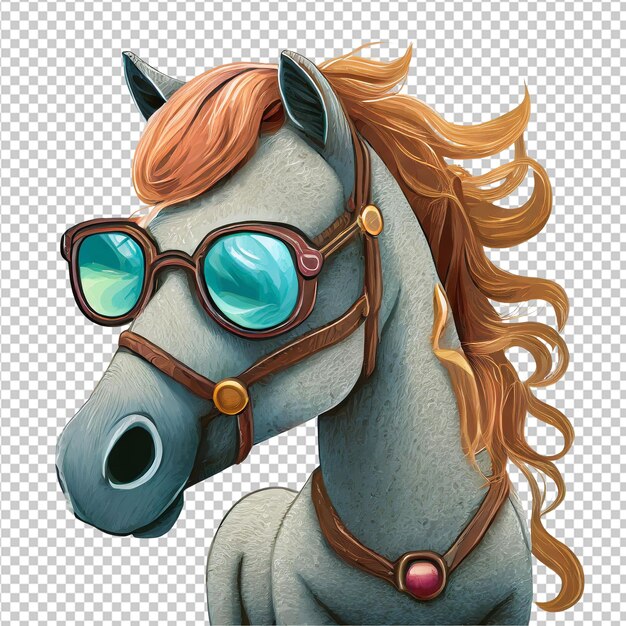 PSD Лошадь с голубой гривой и очками, изолированная на прозрачном фоне