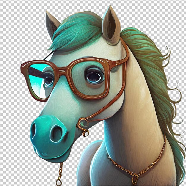 PSD horse with blue mane and glasses isolated on transparent background