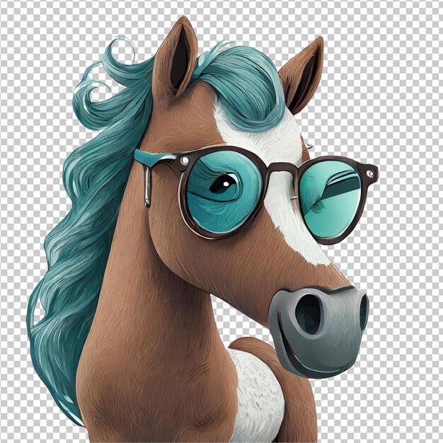 PSD cavallo con criniera blu e occhiali isolati su uno sfondo trasparente