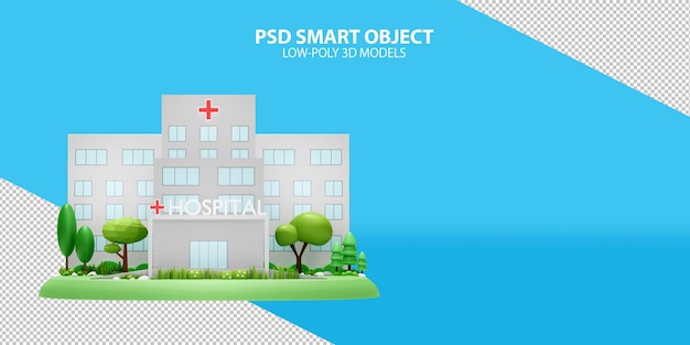 PSD 낮은 폴리 개체의 그라데이션 배경 3d 렌더링 이미지에 병원 건물 psd 스마트 개체