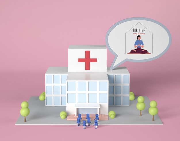 Hospital building with robots and training at home chat bubble