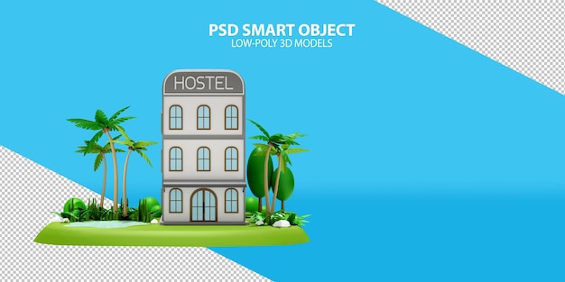 Hostel building PSD smart object on gradient background 3d rendering image of low poly objects