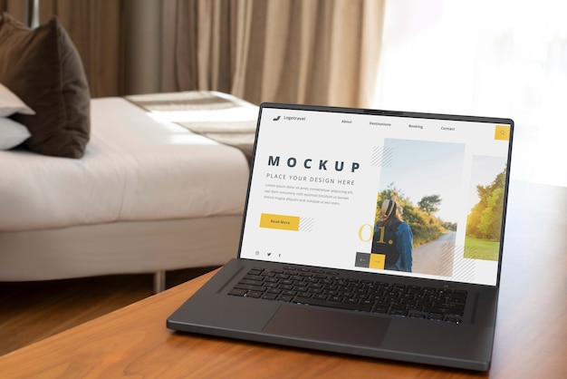 hostel room with laptop device mockup