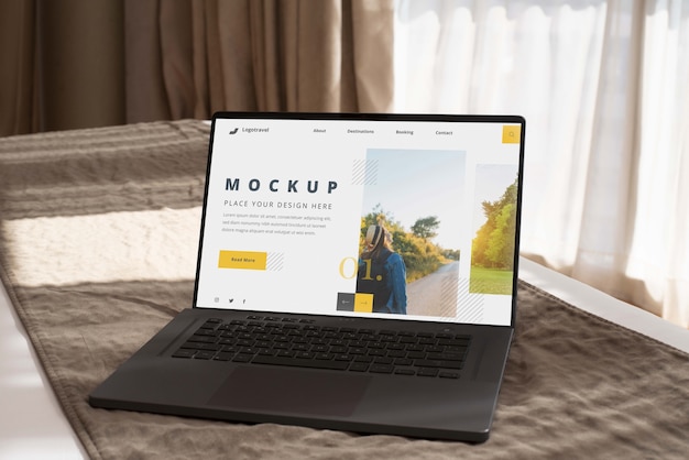 PSD hostel room with laptop device mockup