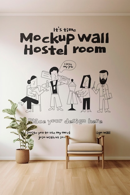 PSD hostel room with wall mockup design