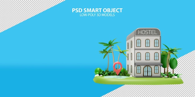 Hostel with map pin PSD smart object on gradient background 3d rendering image of low poly objects