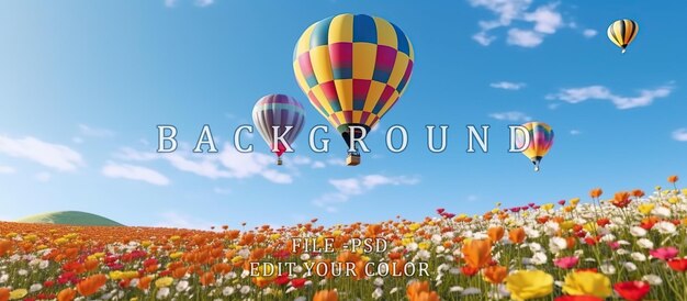 PSD hot air balloons fly in the clear blue sky under beautiful meadows and flower fields