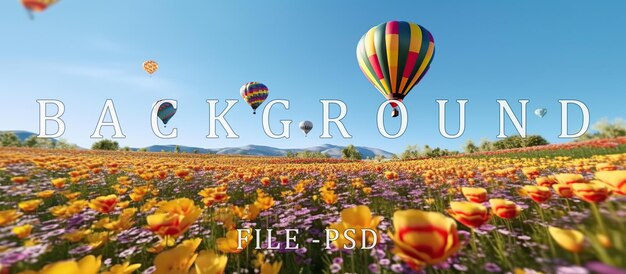 PSD hot air balloons fly in the clear blue sky under beautiful meadows and flower fields