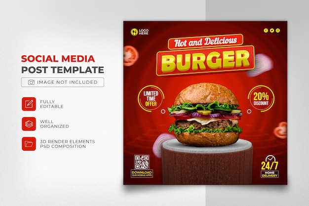 Hot and Delicious burger 3d render sjabloon voor spandoek voor sociale media