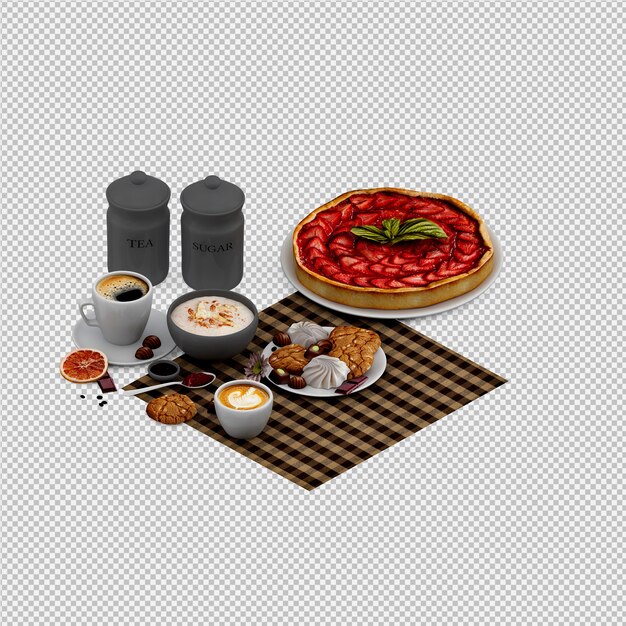 Hot cappuccino and desserts 3d isolated render