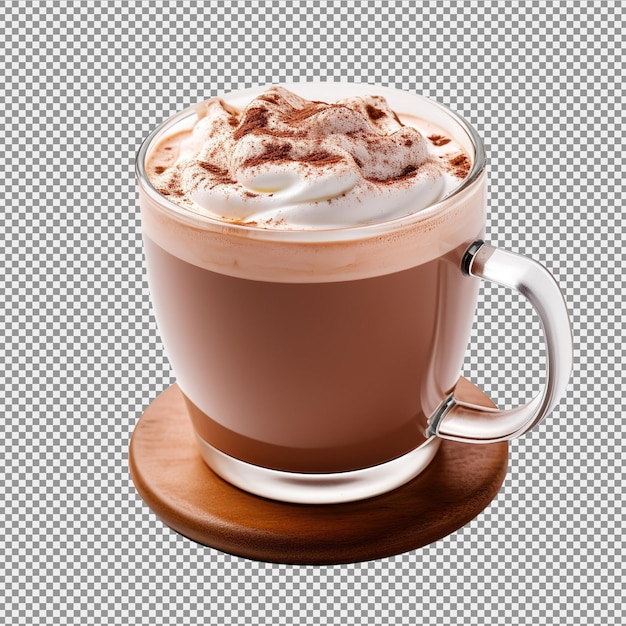 PSD hot chocolate beverage with whipped cream isolated on white background