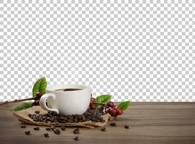 PSD hot coffee cup with coffee beans on the wooden table with transparent background png