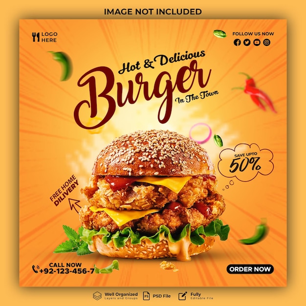 Hot delicious burger and food menu instagram social media post template