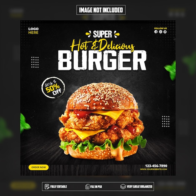 hot and delicious burger instagram social media post template
