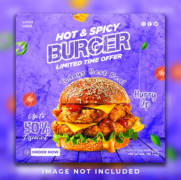 뜨거운 맛있는 버거 레스토랑 음식 소셜 미디어 배너 포스트 디자인