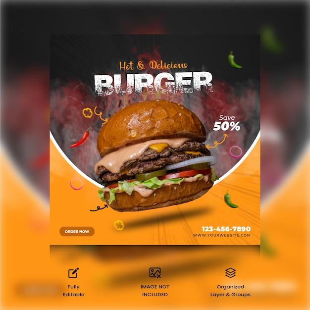 Hot amp Delicious Burger Сообщение в социальных сетях и шаблон историй в Instagram