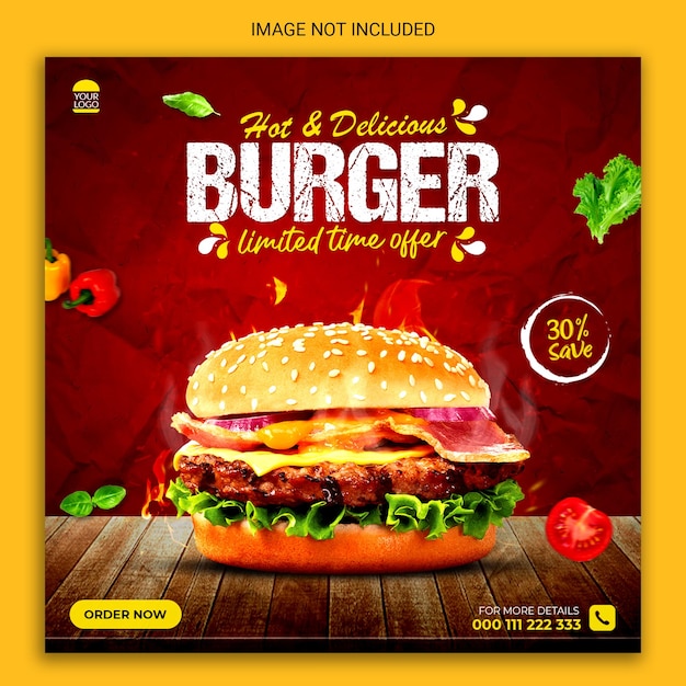 Hot and delicious burger social media post psd template