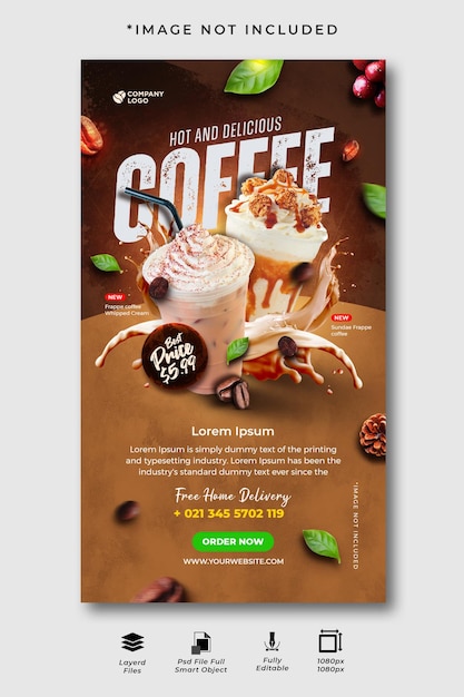 PSD hot and delicious frappe coffee with whipped cream social media instagram story