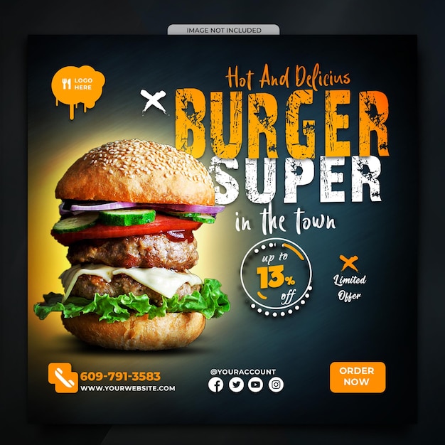 Hot and Delicius Burger contrast orange blue background square social media template