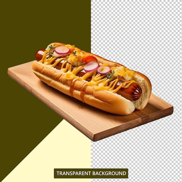 PSD hot dog jest na drewnianej desce z transparentem z napisem przezroczyste tło