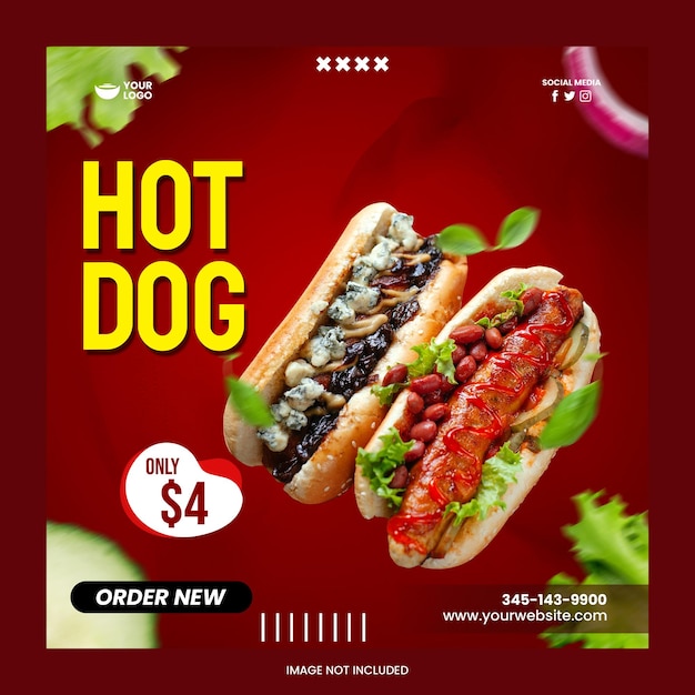 Post di instagram per la promozione del menu di hot dog o modello di social media per banner web quadratijpg