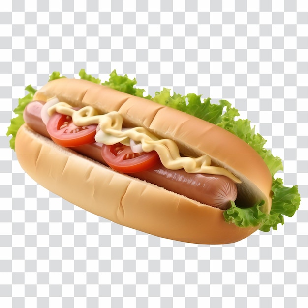 Hot dog with big sausage and fresh tomato isolated on transparent