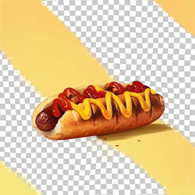A hot dog with ketchup and mustard on a checkered background