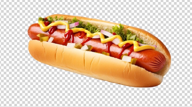 PSD hot dog z musztardą i ketchupem izolowany na przezroczystym tle fast food
