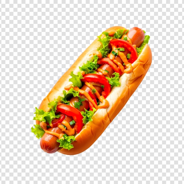 PSD hot dog z sałatką ketchupową i sosem musztardowym na przezroczystym tle