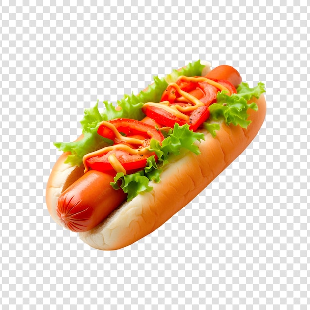 PSD hot dog z sałatką ketchupową i sosem musztardowym na przezroczystym tle