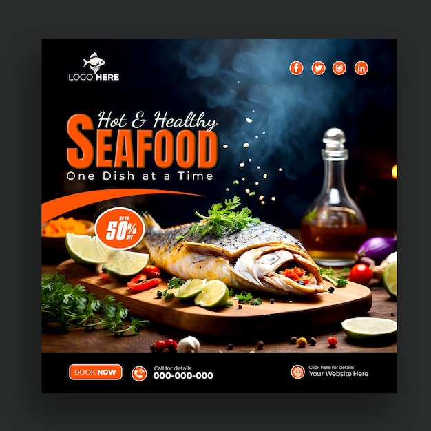 Hot amp sano delizioso pesce di mare fresco banner per i social media post ai generato.