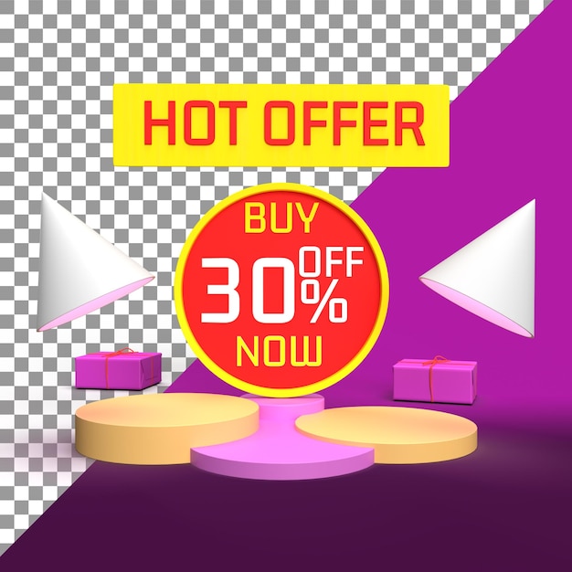 Hot offers 3d rendering for products sell supermarket promotional tags 30 percent off offer tag