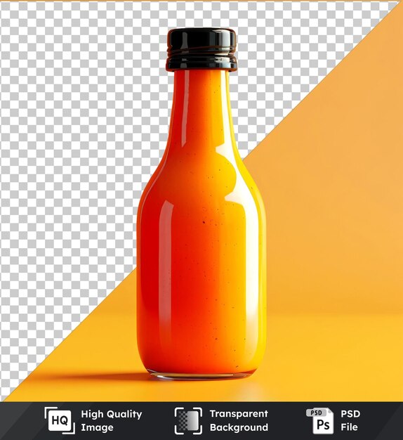 PSD hot sauce bottle on a yellow table with a black top casting a dark shadow