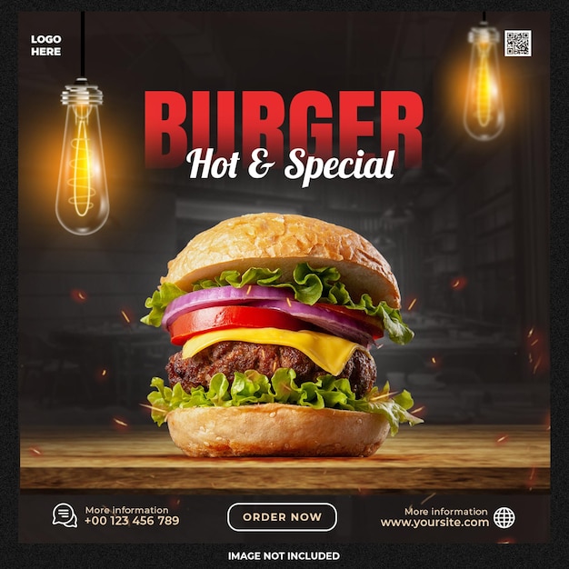 Modello di social media per hamburger caldo e piccante