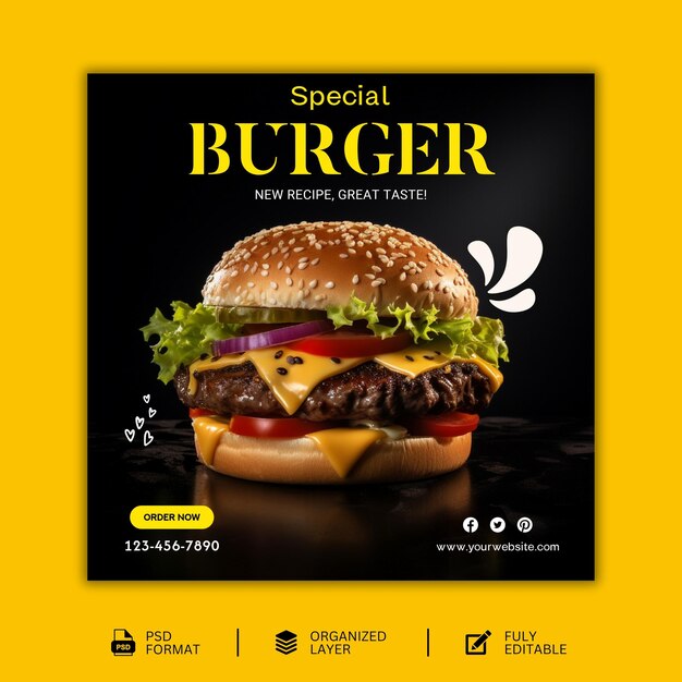 Hot and spicy delicious burger food social media banner post template